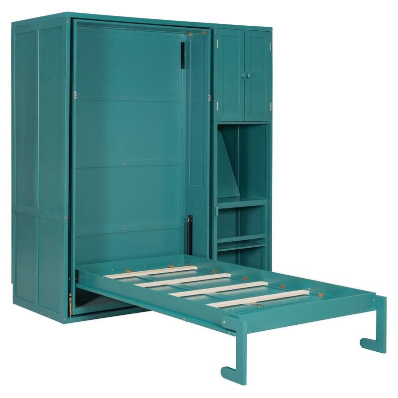 Twin Size Rotating Murphy Wall Bed with Bookshelf, Top Cabinet, Modern Foldable Cabinet Bed with Extendable Desk, Side Storage