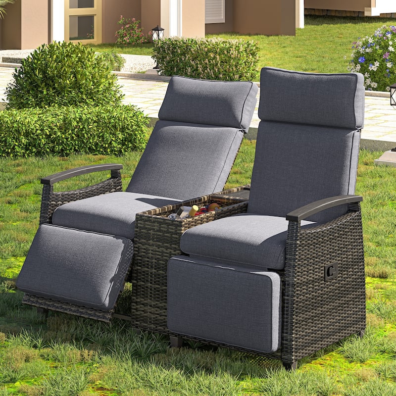 Outdoor Patio Recliner Loveseat Chair with Adjustable Backrest, All Weather 2 Seater PE Wicker Lounge Chair with Storage Box