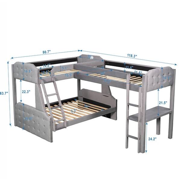 dimension image slide 1 of 2, L-Shaped Twin over Full Bunk Bed with Desk and Upholstered Panels