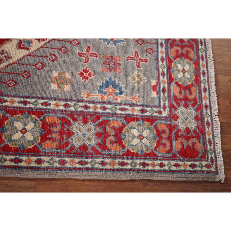 Gray Geometric Kazak Foyer Rug Hand-Knotted Hallway Wool Carpet - 3'3" x 4'4"