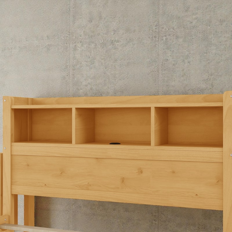 Wood Bed with Storage Headboard, Drawers and Pull Out Cabinet, Twin Full Bed with LED Light and Socket