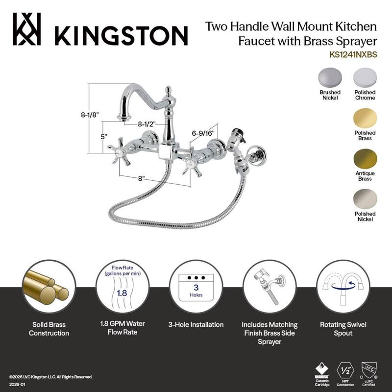 Kingston Brass Essex Double-Handle Wall-Mount Pre-Rinse Bridge Kitchen Faucet