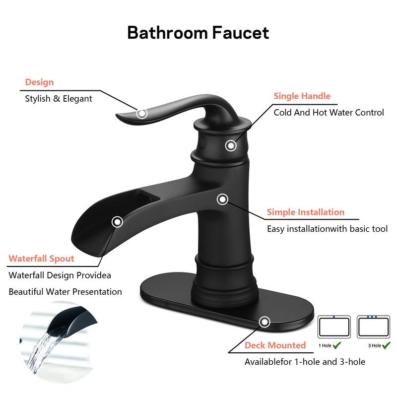 Bathroom Faucet Waterfall Single Handle Vessel Sink Faucet Deck Mount Black Vanity Faucets