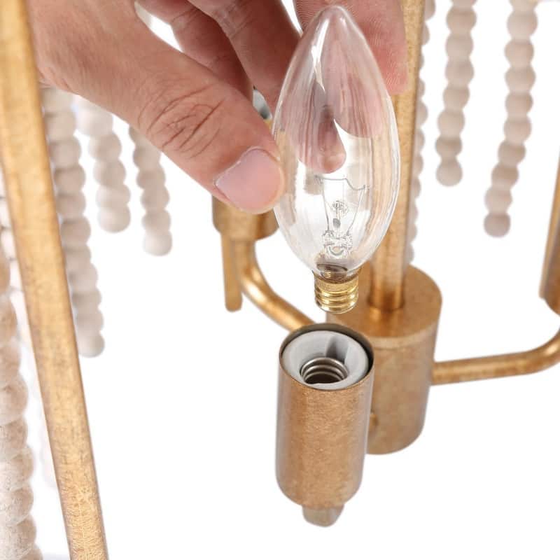 Mid-century Modern Chandelier Drum Pendant Light with Distressed White Wood Beads Bedroom Entryway Dining room - D 12.5"x H 23"