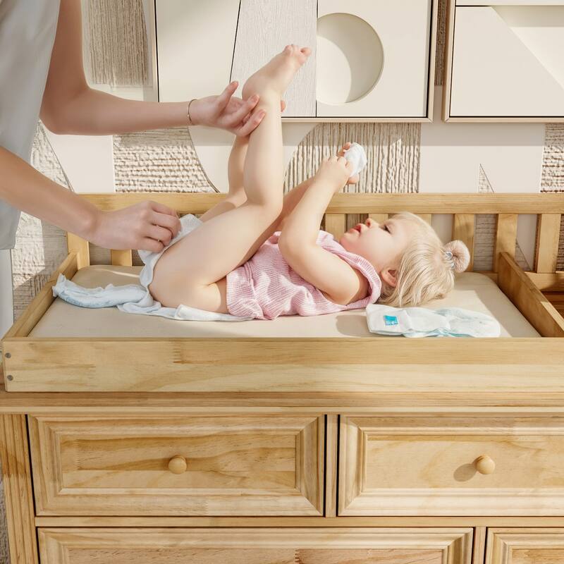 Solid Pine Wood Baby Changing Table Dresser with 9 Drawers – Natural Finish Nursery Dresser with Removable Changing Topper