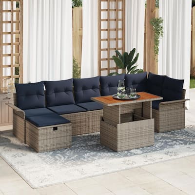 vidaXL 8 Garden Sofa Set with Cushions Black/Grey Poly Rattan - 117.1 x 52.2 x 27.2