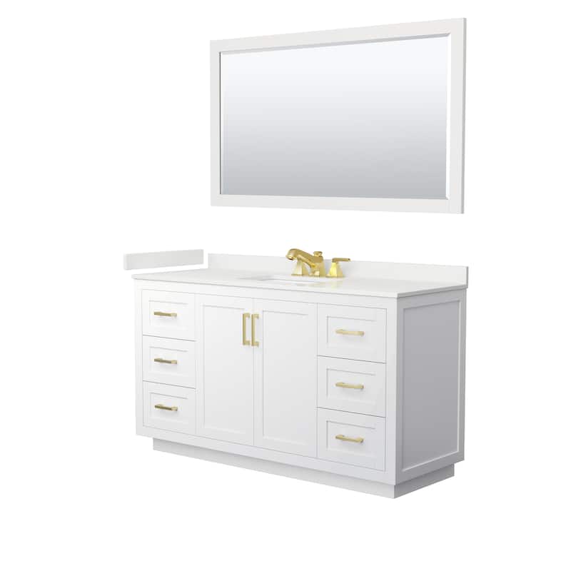 Miranda 60-inch Single Vanity, Quartz Top, 58-inch Mirror - White, Gold Trim, White Quartz Top