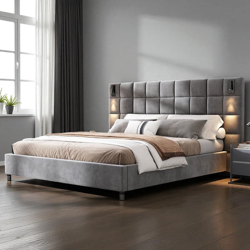 King Size Velvet Upholstered Bed Frame with Wide Headboard, Wall Sconce Reading Light & USB Port, No Box Spring Needed