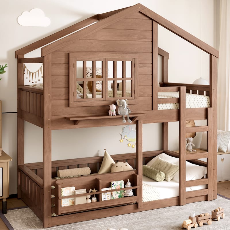 Full/Twin Bunk Bed with Bookshelf, House Design Loft Bed with Safety Fencing, High-Quality Kids Bed Frame