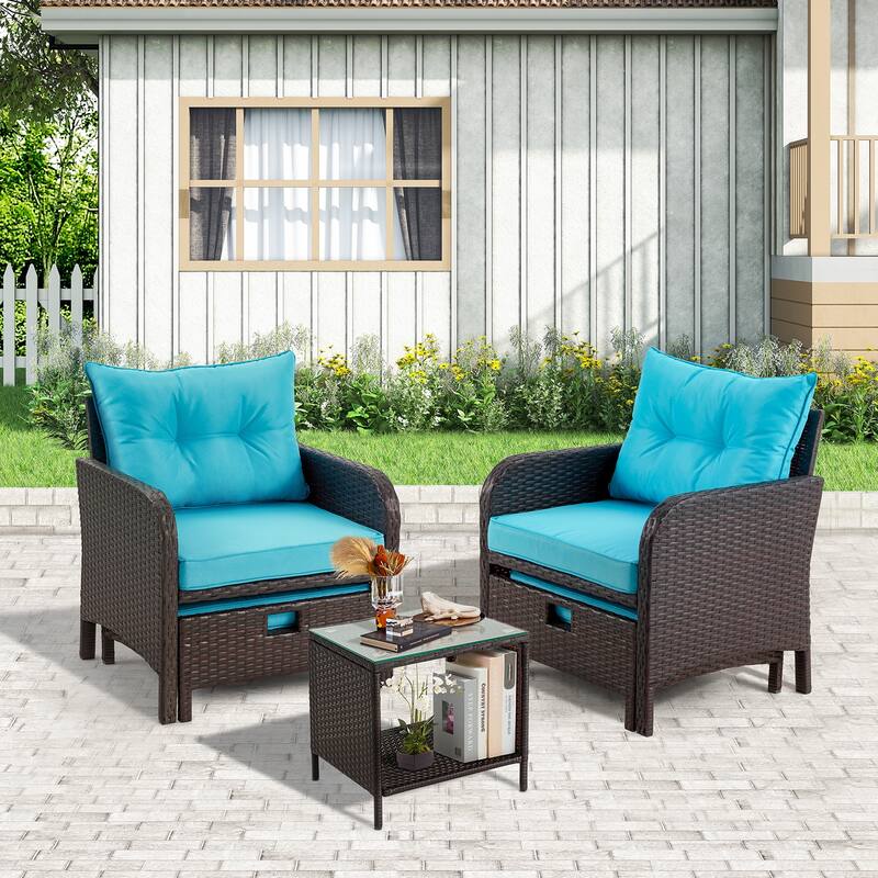 AVAWING 5-Piece Outdoor Blue Wicker Rattan Conversation Set with Ottoman Table