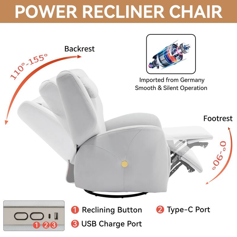 Electric Power Glider Recliner with 270° Swivel, Rocking Motion, Ergonomic Lumbar & Neck Support, Dual USB/Type-C Ports