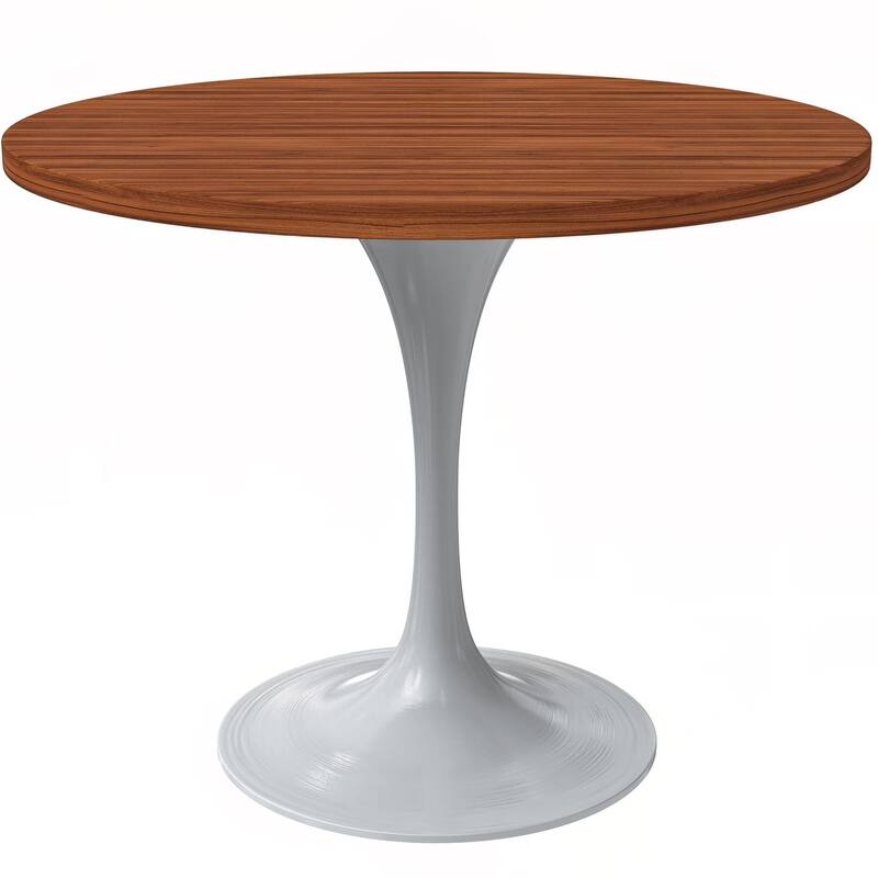 LeisureMod Verve 36" Round Dining Table with MDF Wood TableTop and White Steel Base for Kitchen & Dining Room - Cognac Brown
