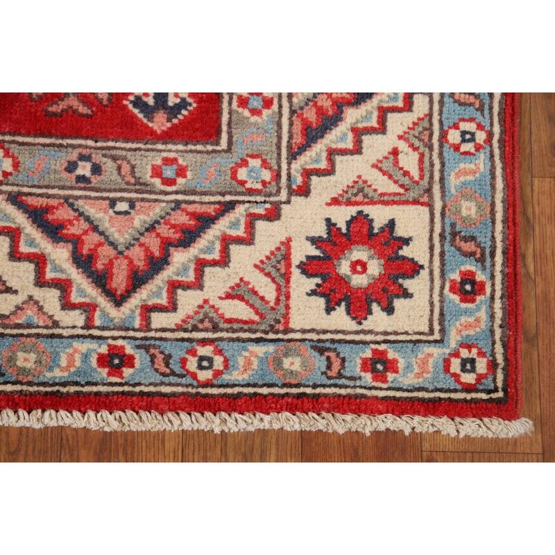 Geometric Kazak Oriental Runner Rug Hand-Knotted Red Wool Carpet - 2'8" x 9'7"