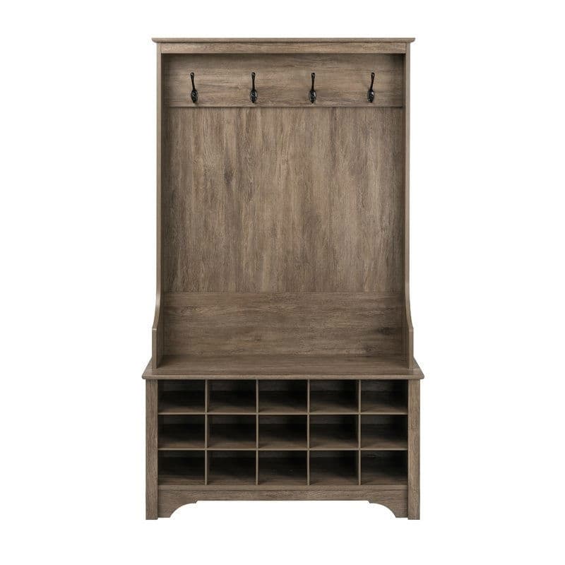 Grey Entryway Hall Tree Shoe Cubbie Coat Rack - 68'' H x 38'' W x 15.5'' D