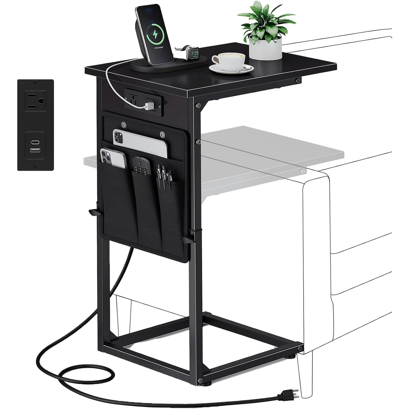 C-Shaped End Table with Charging Station, Adjustable Height for Sofa, Compact Side Table for Living Room or Bedroom