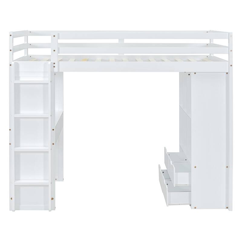 Full Size Loft Bed with large shelves, writing desk and LED Light