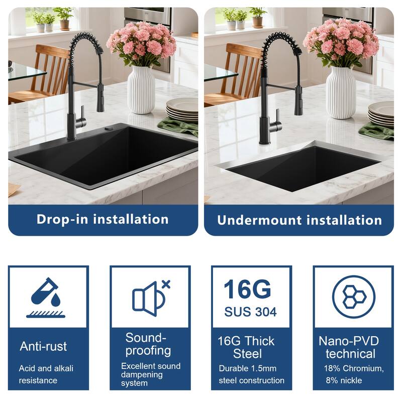 33 inch Drop-in Single Bowl Kitchen Sink, 18 Gauge Black Stainless Steel Kitchen Sink, Handmade Topmount Sink