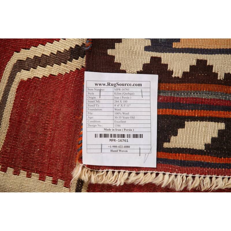 Red Kilim Qashqai Persian Vintage Hand-Woven Wool Carpet - 5'11" x 9'4"