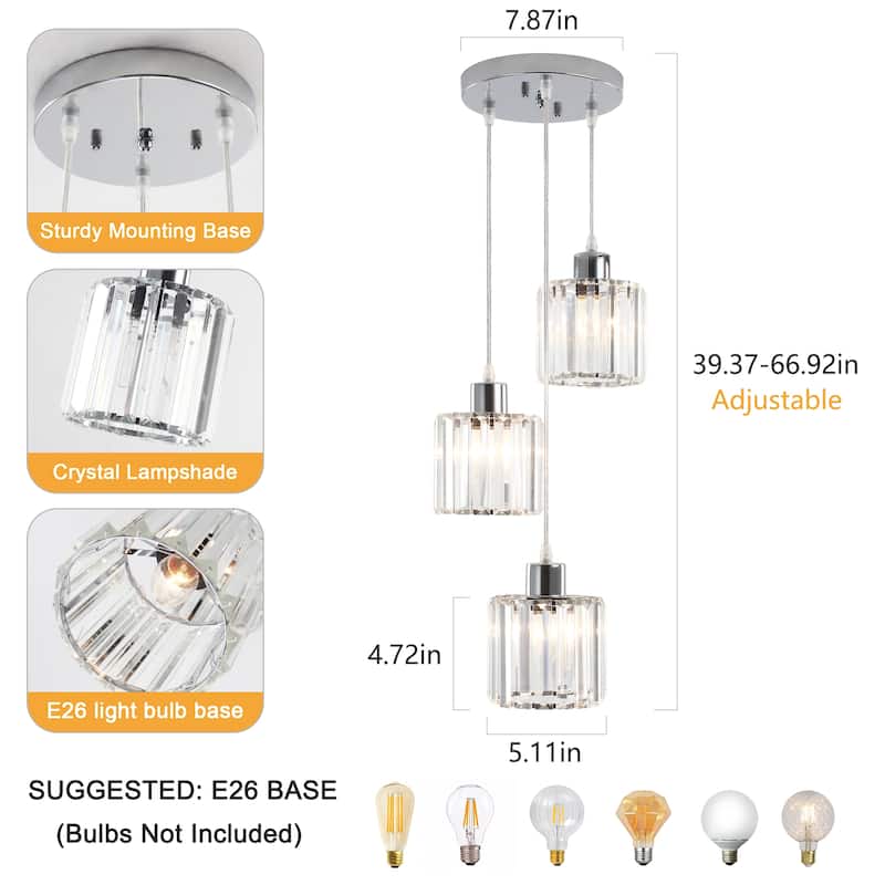 Modern 3-Light Crystal Chandelier, Kitchen Island Pendant Lights, Classic Semi Flush Mount Chandelier for Dining Room