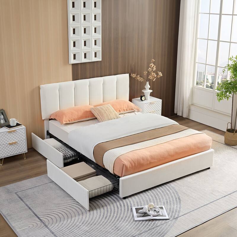 White Bed Frame with 4 Storage Drawers, Upholstered Platform Bed Frame with Adjustable Headboard