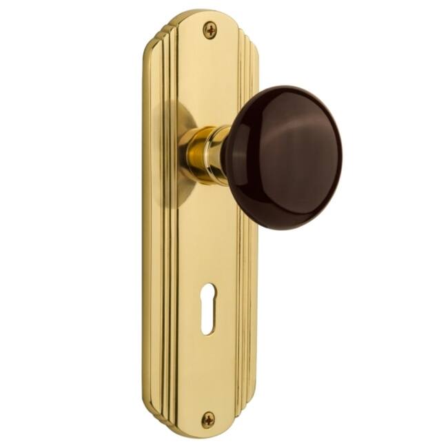 Nostalgic Warehouse Vintage Brown Porcelain Privacy Door Knob Set with - Unlacquered Brass