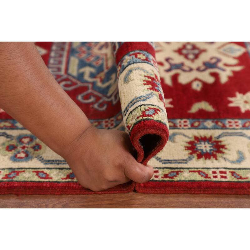 Geometric Red Kazak Rug Handmade Wool Carpet - 2'8" x 4'1"