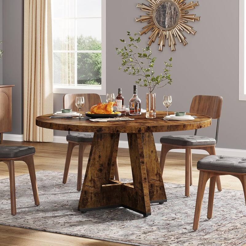 47" Round Wood Dining Table 4-Seater Farmhouse with Wooden Tabletop Cross Base for Dining Room/Kitchen
