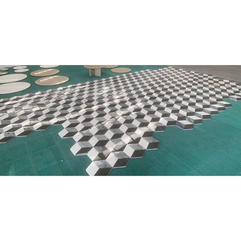 Roomfitters Hexagon Waterjet Marble Tile for Floor and Wall, Polished Natural Stone, Genuine Marble, 12-Piece Box, Gray Black