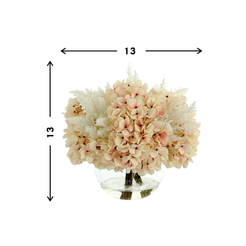 Hydrangea and Pampas Floral Arrangement in Round Glass Vase