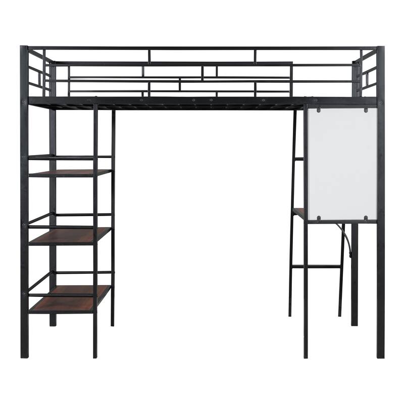 Stylish Twin Size Loft Metal Bed with Shelves, Desk, and Whiteboard - Space-Saving Metal Frame Bed for Work and Play