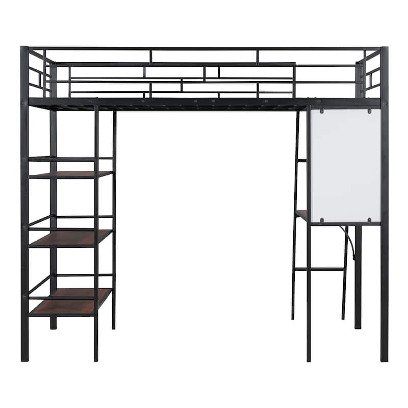 Twin Size Metal Loft Bed with 3-Tier Shelves, Desk, and Whiteboard, Black/White Finish