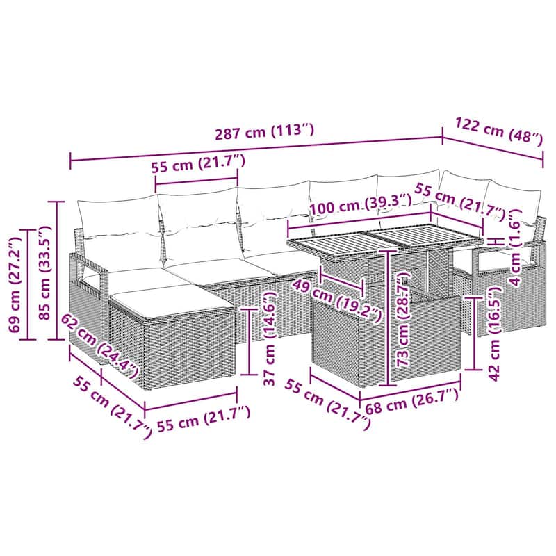 vidaXL 8 Piece Garden Sofa Set with Cushions - 113×48×27.2