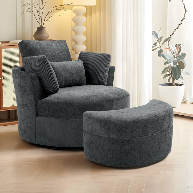 41" W Oversized Accent Barrel Swivel Chair with Moon Storage Ottoman - Set of Chair with Ottoman - Gray Chenille/Corduroy Pillows