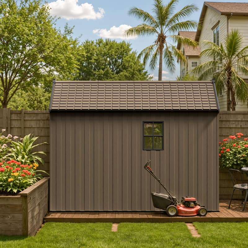 Patiowell 8' x 6' / 8' x 8' / 8' x 10 '/ 8' x 12' Plastic Outdoor Shed With Floor for Patio Furniture, Tools (Kick-It Shed)