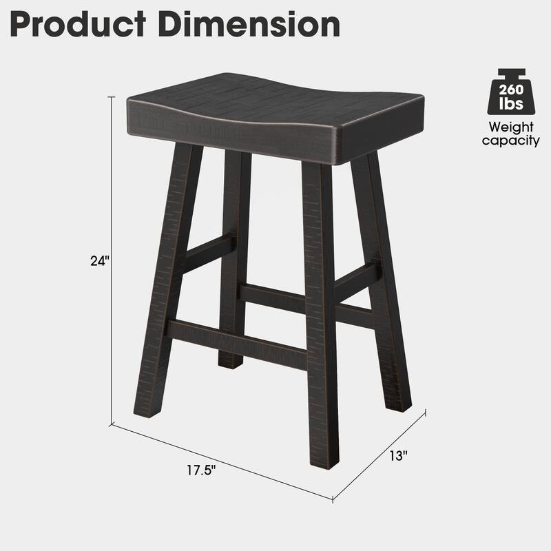 24" Farmhouse Black Solid Wood Backless Set of 2 Saddle Stool