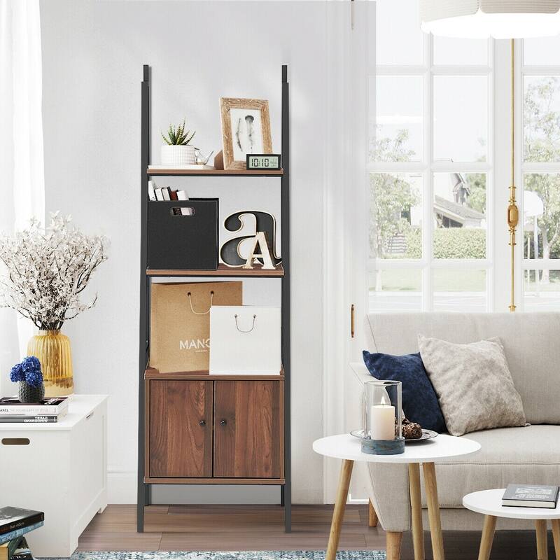3-Tier Ladder Shelf Metal Frame Bookcase with Cabinet for Storage - 20.5" x 15.5" x 63"