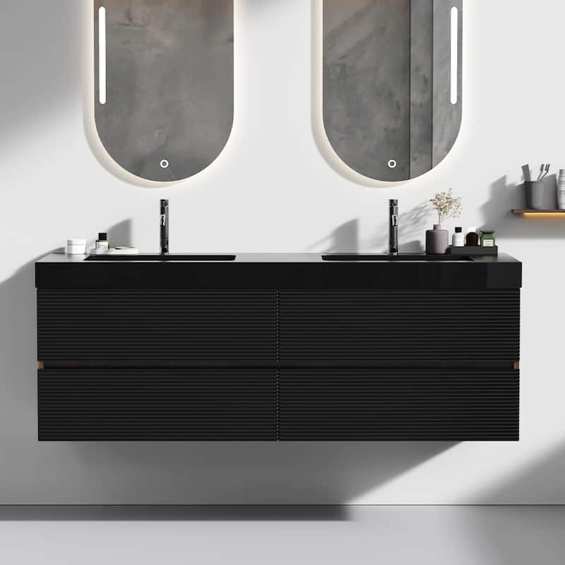 Wall Mounted Bathroom Vanity with Glossy White Solid Surface Sink - 59.18'' x 18.91'' x 25.81'' - Black