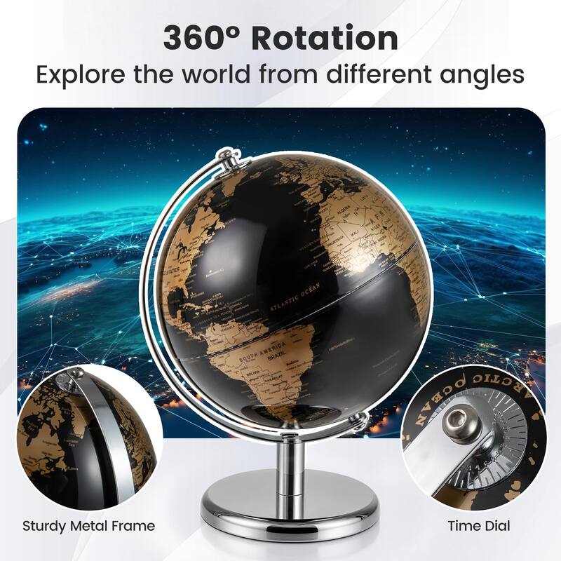 Gymax Metallic Black World Globe 8-Inch Rotating Earth Globe Metal