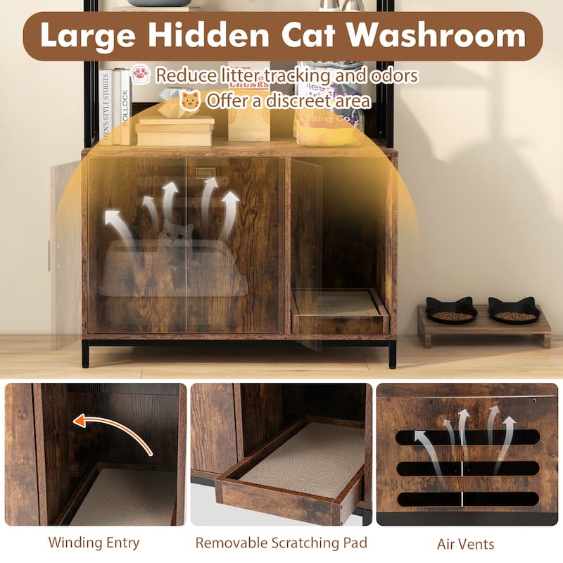 Cat Litter Box Cabinet with Storage Space & 3-Tier Shelves, Modern Design - 33.5" x 18" x 61"