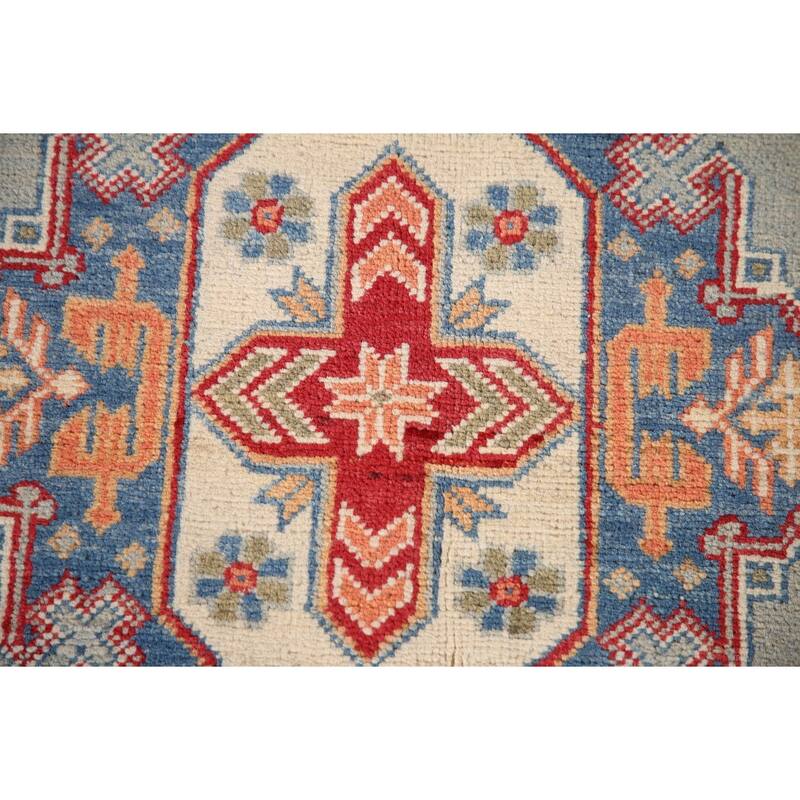 Geometric Kazak Oriental Accent Rug Hand-Knotted Blue Wool Carpet - 3'5"x 4'10"