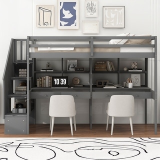 Twin Size Loft Bed Frame with Storage Staircase