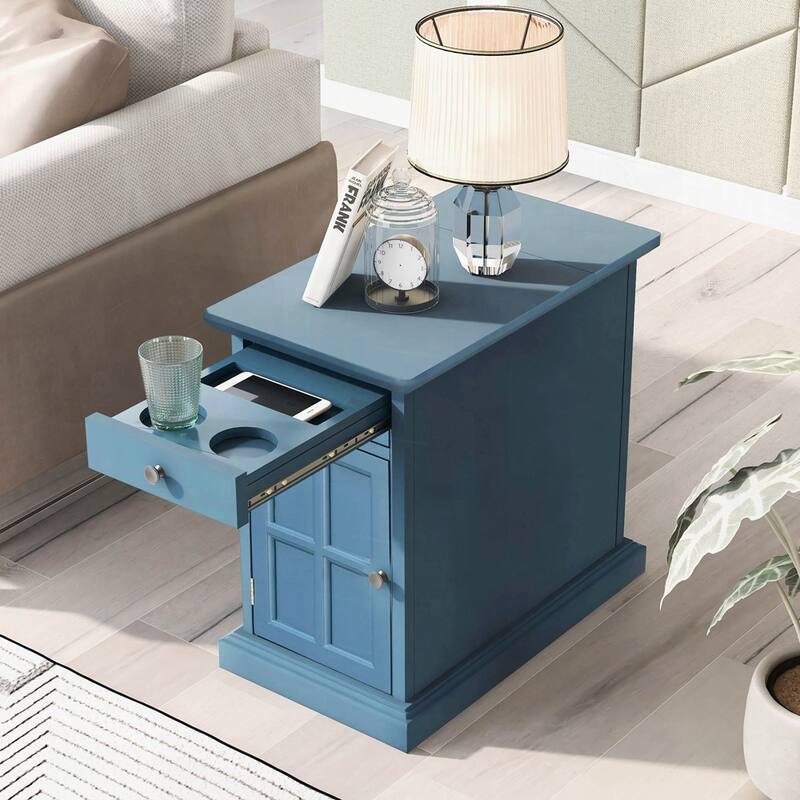 End Table Side Table with USB Ports and One Multifunctional Drawer with cup holders