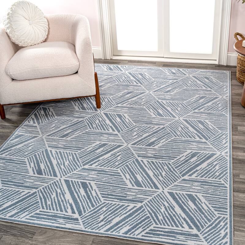 JONATHAN Y Koda Modern Coastal Geometric Machine-Washable Blue/Cream Area Rug
