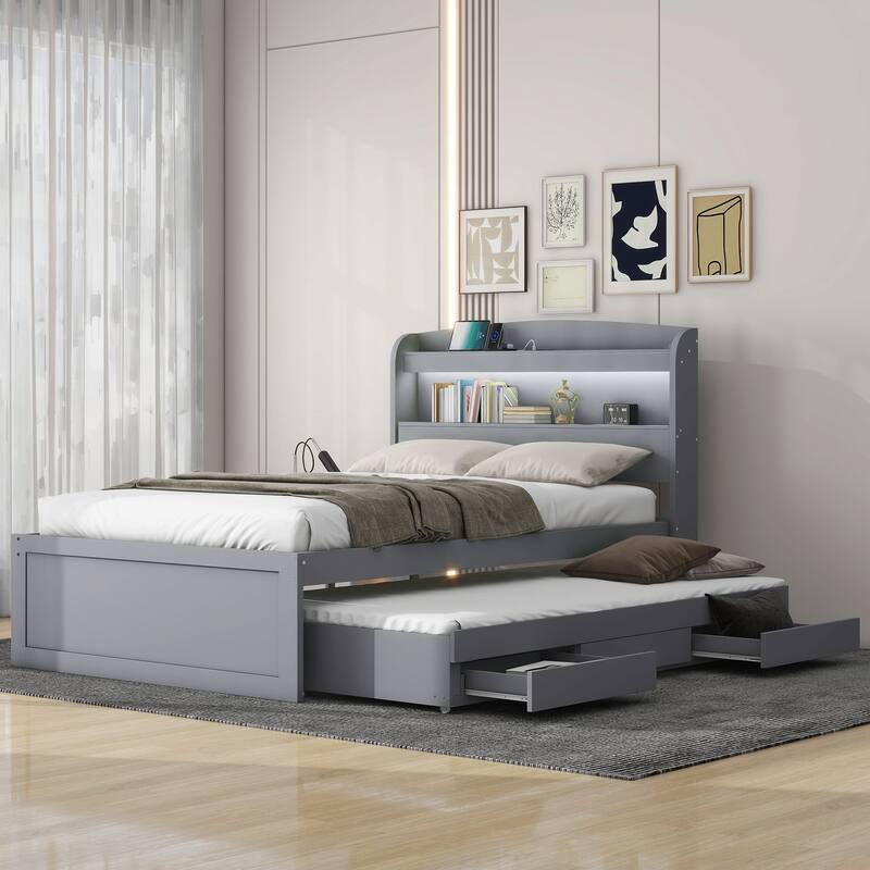 Twin XL Platform Bed with Storage, LED Headboard, Charging Station, Trundle, and Drawers, Gray