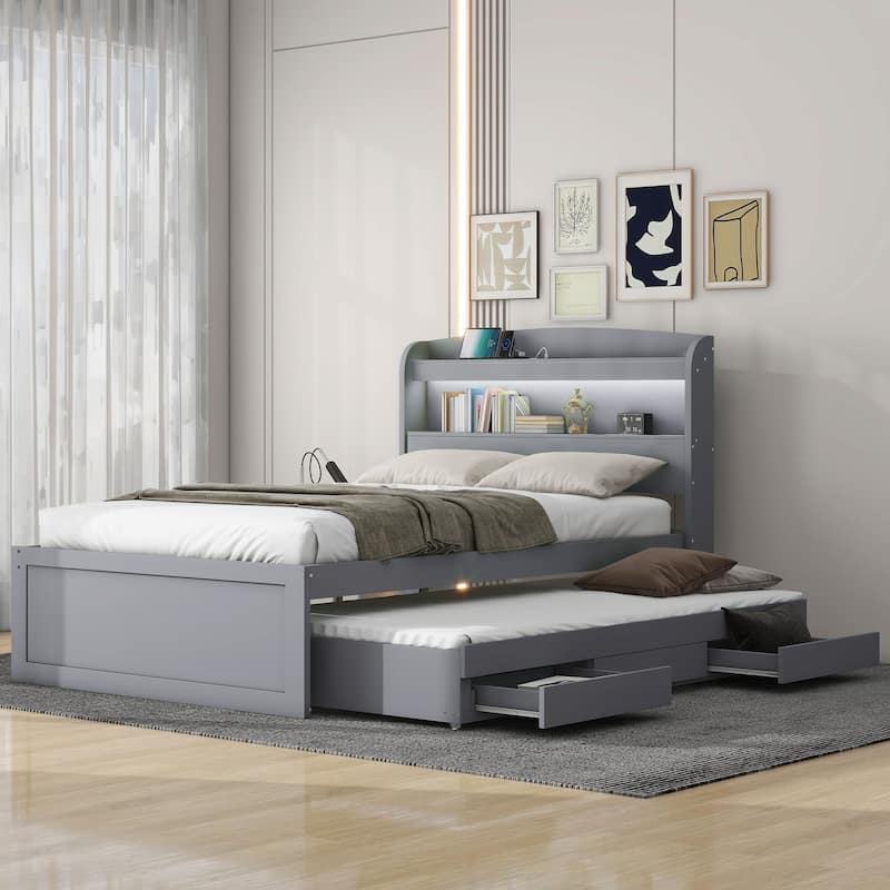 Twin XL Size Platform Bed with Drawers Storage LED Headboard and Charging Station - Antique White