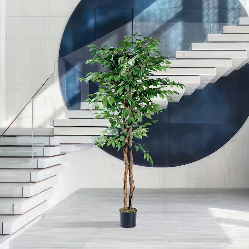 Artificial Ficus Tree with Natural Wood Trunk, Faux Plant for Office Home, Indoor Outdoor Decor, 1 Pack