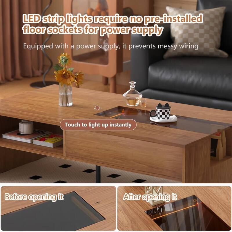 51.1" Wooden Coffee Table with LED Lights, Storage Shelves & Flip-Top - 51.1"Wx27.5"Dx15.8"H