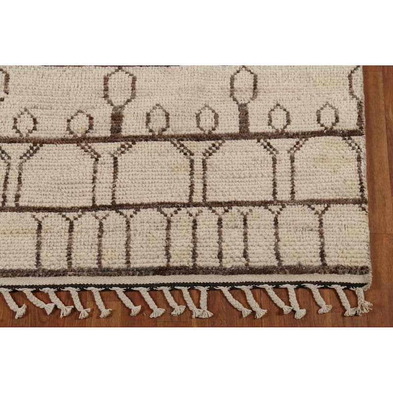 Geometric Ivory Moroccan Oriental Runner Rug Hand-Knotted Wool Carpet - 3'10"x 12'7"
