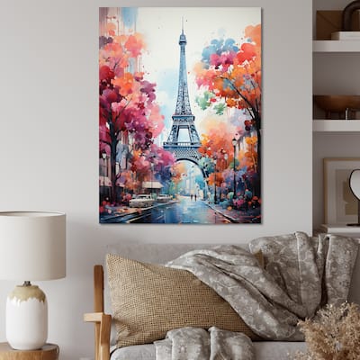 Designart "Colorful Paris Eiffel Tower" Paris Wall Décor Grey - Traditional Print Art For Living Room
