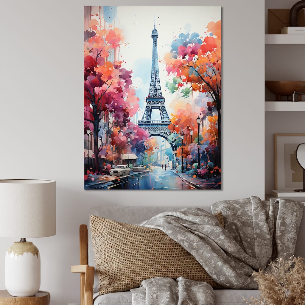 Designart "Colorful Paris Eiffel Tower" Paris Wall Décor Grey - Traditional Print Art For Living Room